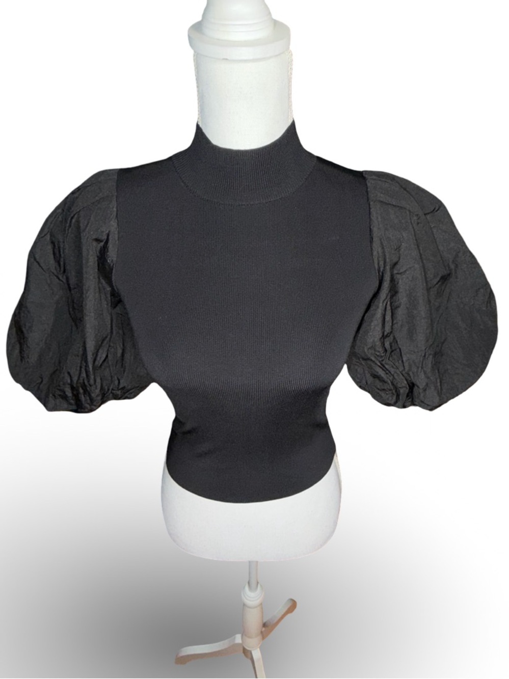 Zara Black Contrast Puff Sleeve Mock Neck Ribbed Top S